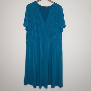 Lane Bryant Faux Wrap Dress Solid Blue Flutter Cutout Sleeve 22/24